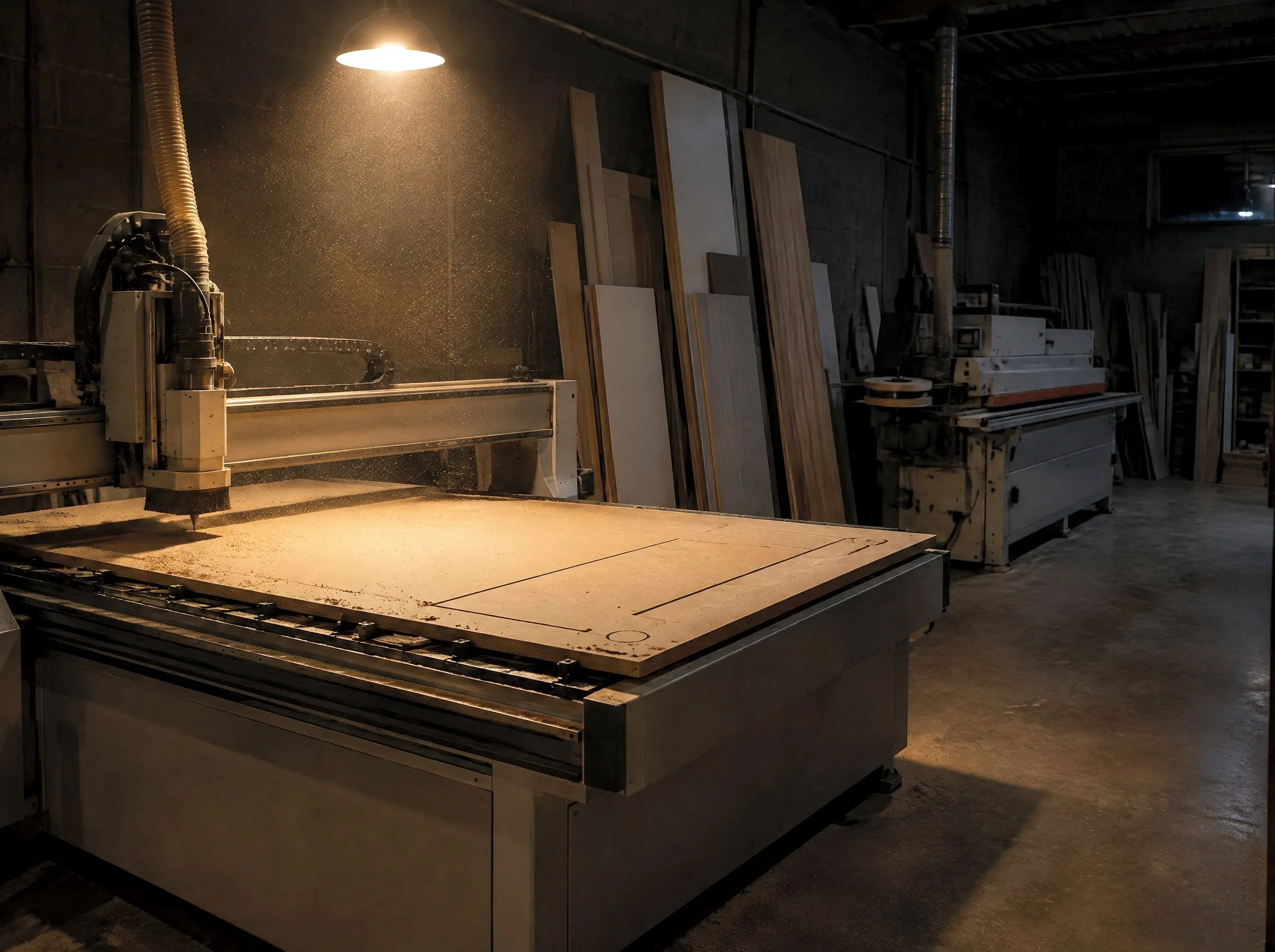 Atelierul LOX Mobila: masă de debitare CNC cu o placă de MDF pregătită